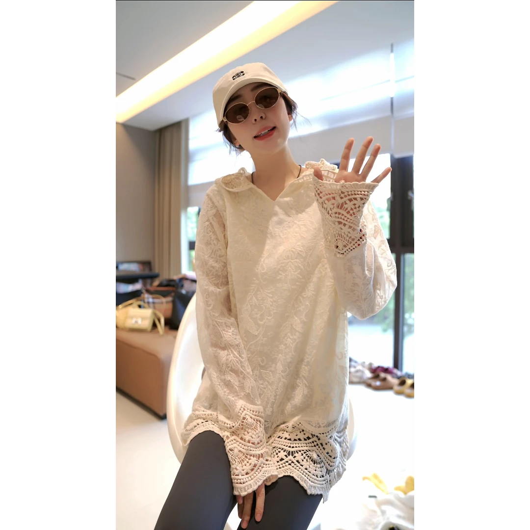 徐靖靖【白茶清欢】连帽蕾丝长袖上衣 欧若风洋气衣服女小众2503189