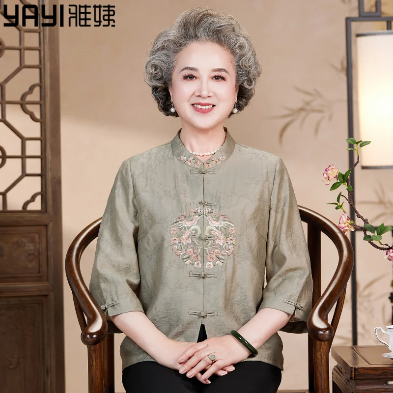 老年人夏装女衬衫七分袖奶奶装中国风老人衣服中老年妈妈夏季衬衣