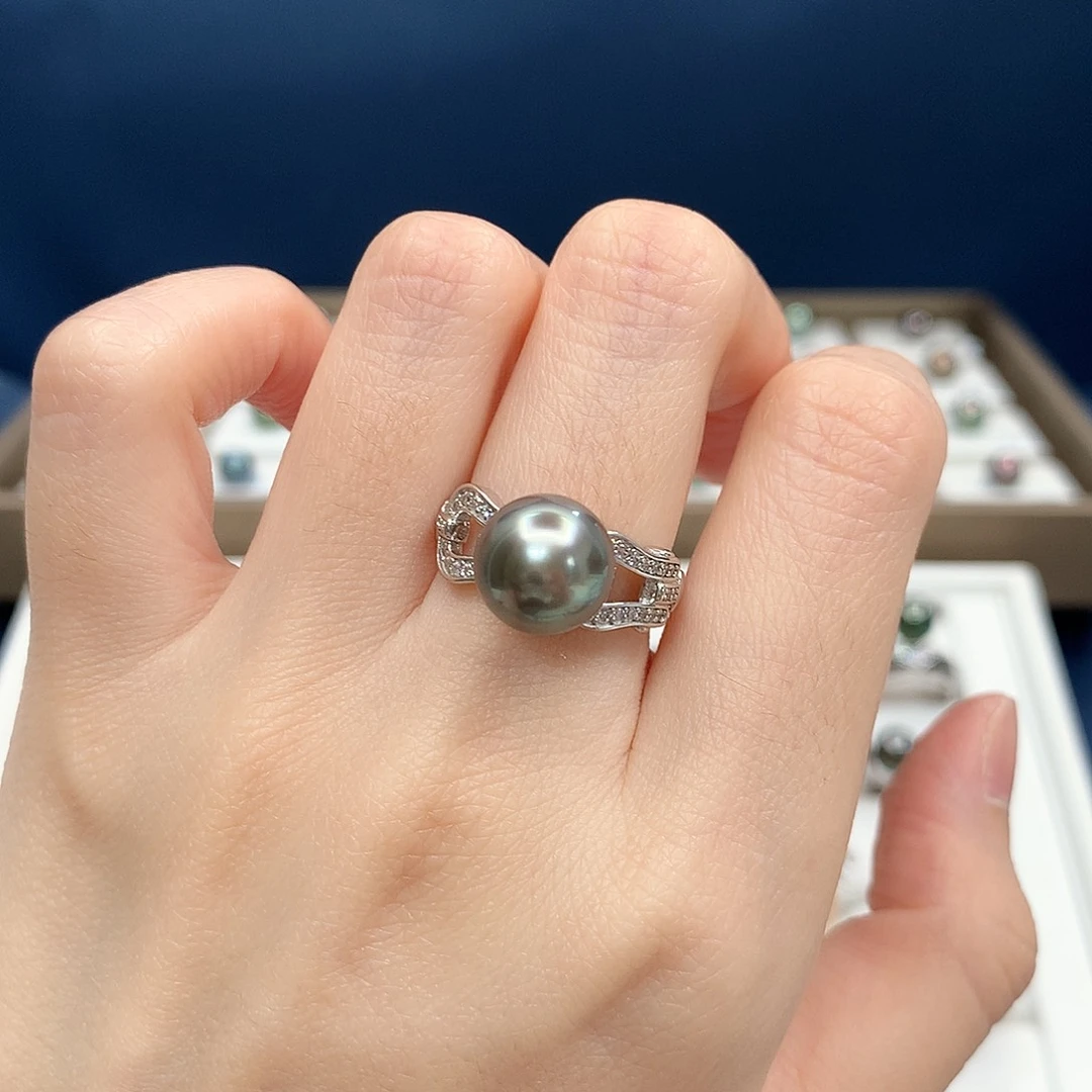 银S925镶嵌戒圈海水珍珠大溪地海岩绿戒指