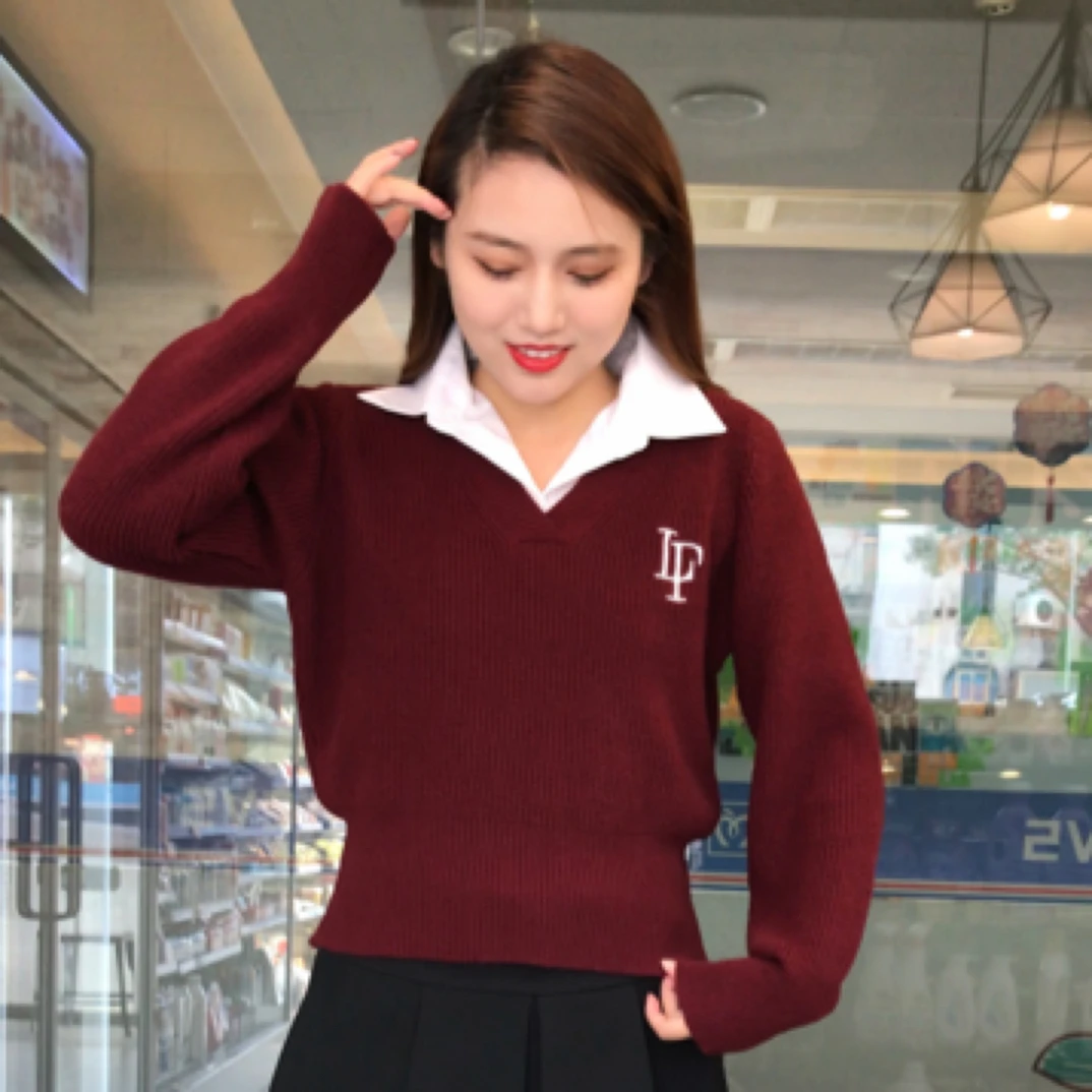 学院风假两件Polo衬衫领针织衫女秋冬款洋气减龄宽松百搭毛衣