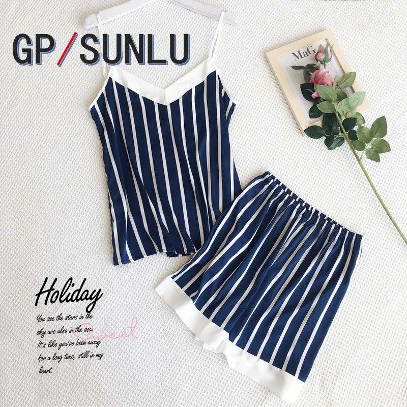 日本小众GP吊带睡衣女夏两件套韩版宽松休闲薄款性感冰丝背心短裤