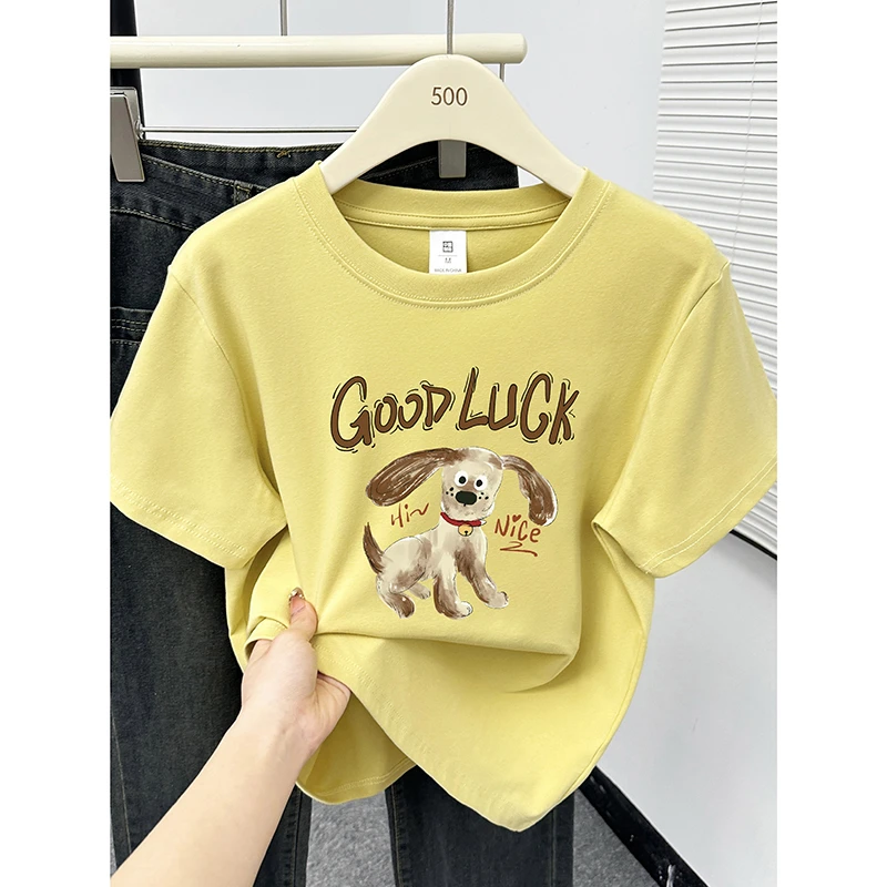 姜黄色圆领小狗印花短袖T恤女夏季2025年新款休闲百搭正肩上衣潮