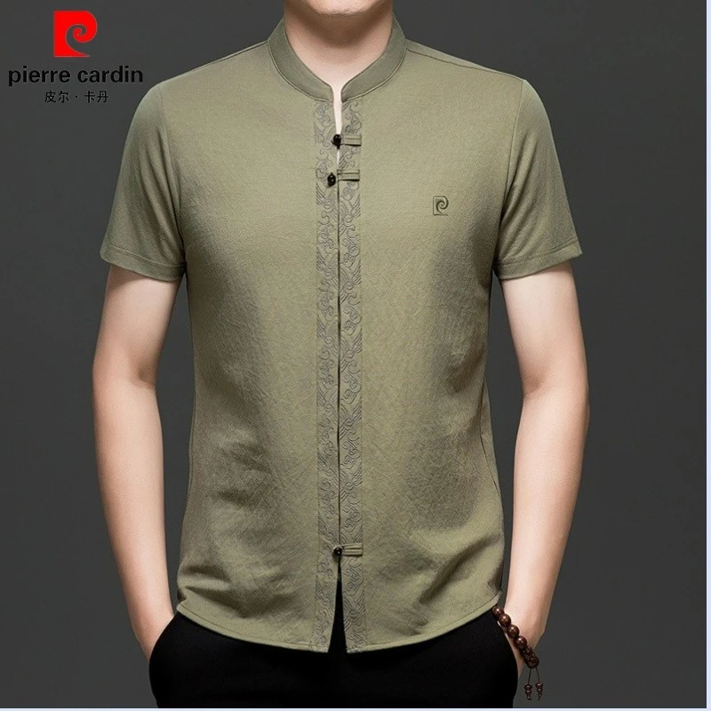 皮尔卡丹夏季纯色短袖衬衫男无领中国风男士唐装休闲半袖盘扣上衣