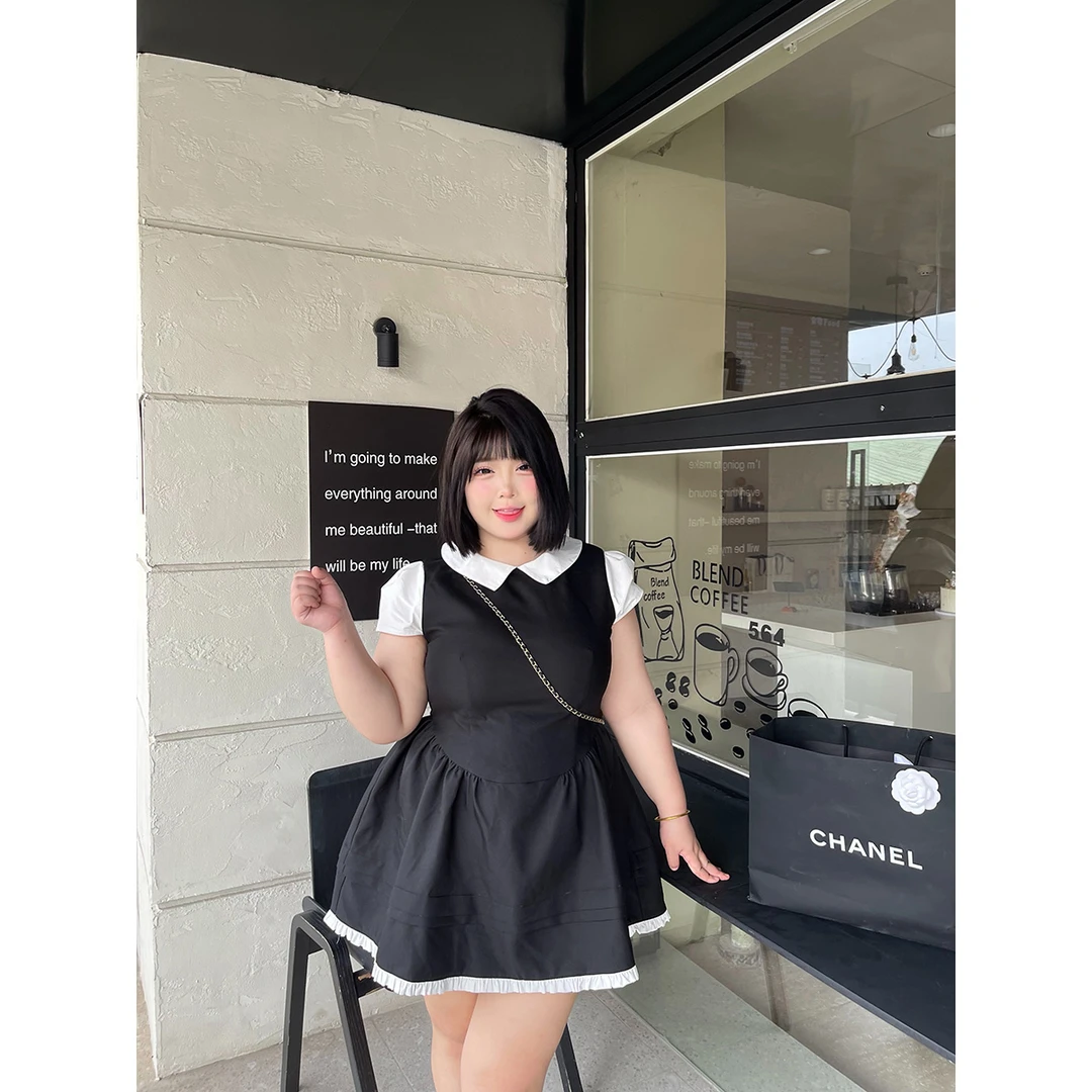 雪雪【奶乖学妹】学院风大码假两件黑色连衣裙新款收腰显瘦小黑裙女