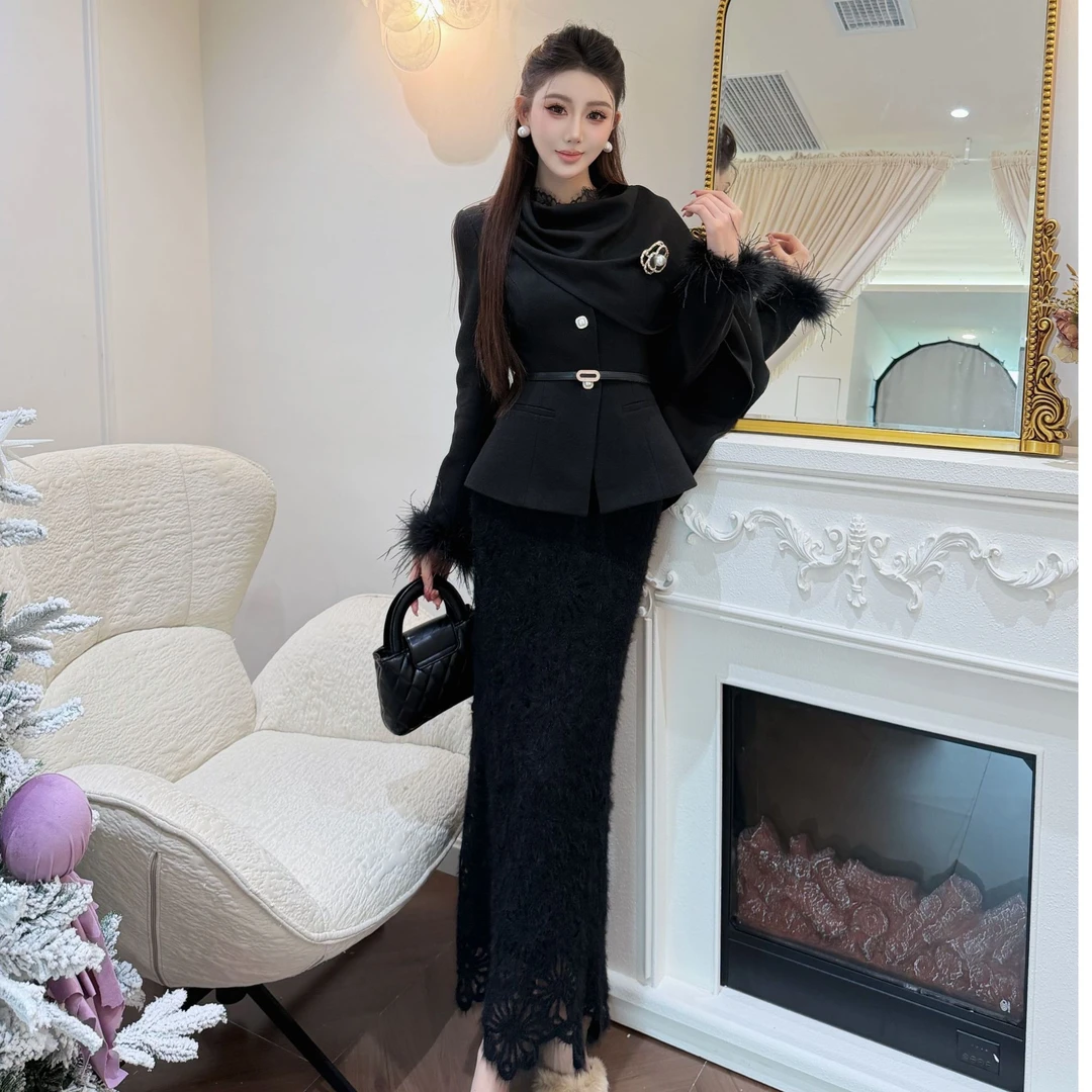 【精选优品】秋冬厚款小香风蕾丝时尚套装休闲白色套装轻奢252024