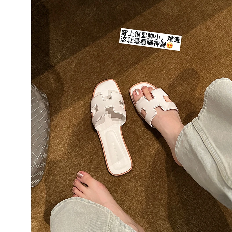 【里外柔软羊皮】大叔家巨好看方头H沙滩拖鞋女2025夏凉拖鞋外穿