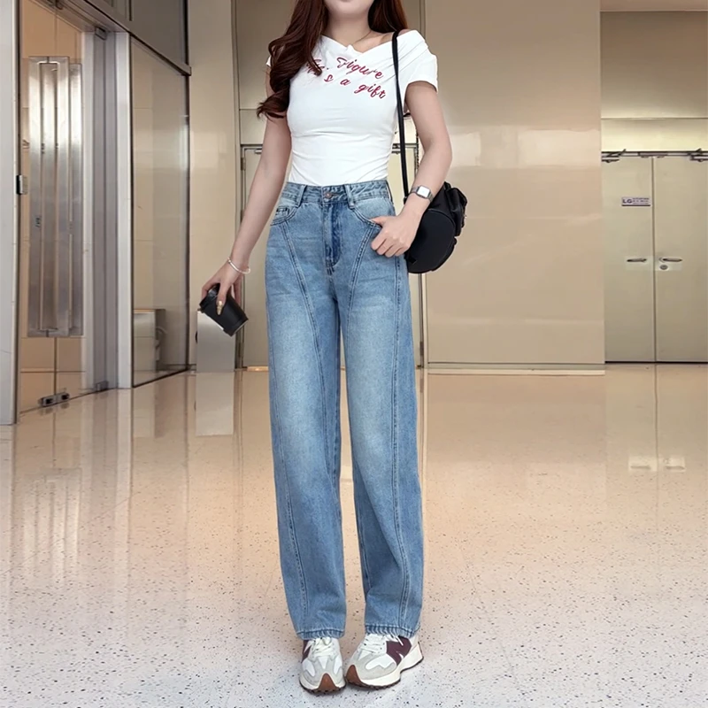 美思源浅蓝色弯刀牛仔裤女款秋冬2025新款直筒显瘦裤子高腰阔腿裤