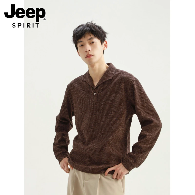 JEEPSPIRIT罗马格意式一片领猫眼宝石扣正肩打底长袖polo衫男秋