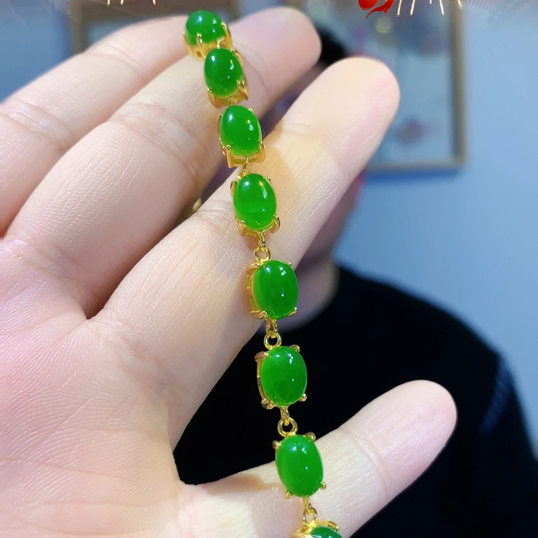 和田玉（碧玉）手链银S925镀金镶嵌