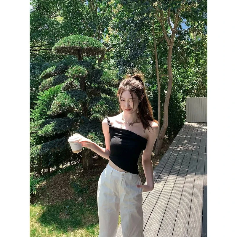 黑色斜肩吊带背心女夏季纯欲性感辣妹修身短款上衣白色垂感休闲裤