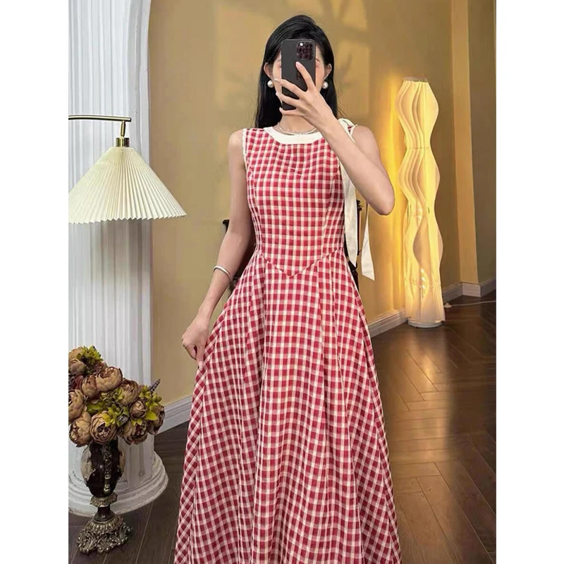 法式小众不撞款红色格子无袖连衣裙女夏季洋气高级感长裙子2620