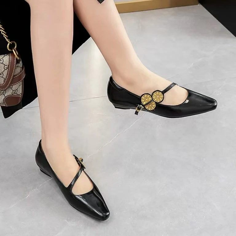 C1119 黑色  时尚低跟小方头真皮玛丽珍浅口女单鞋