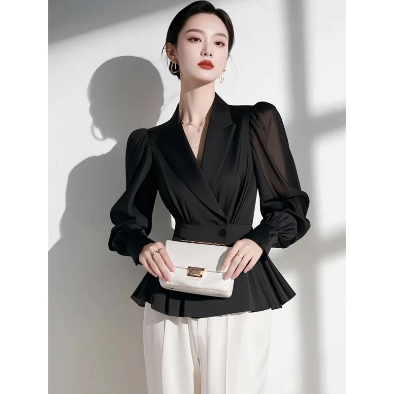 2025春季新款黑色衬衫高级感轻奢减龄洋气超好看独特漂亮收腰上衣
