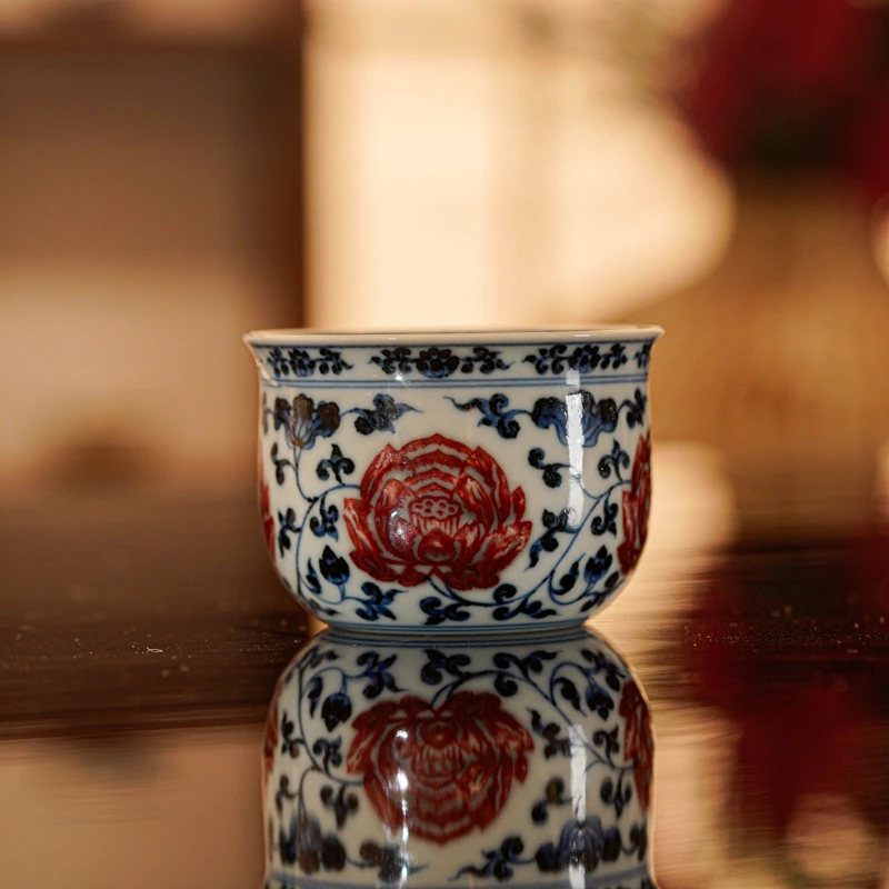 【墨舍名窑 】古官青花釉里红荷花墩墩杯 ggqy650