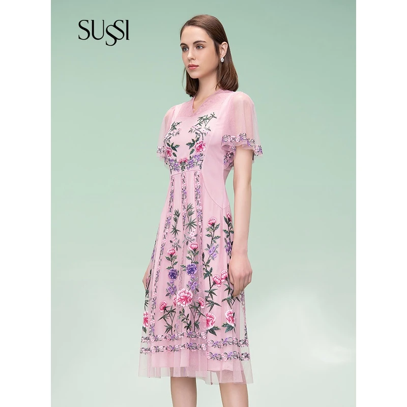 SUSSI/古色显瘦商场同款气质仙女刺绣修身蕾丝碎花连衣裙裙子