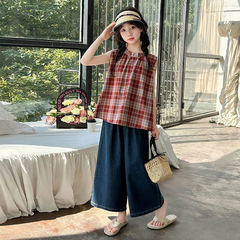 女童套装2025新款洋气时髦大童夏季格子无袖背心牛仔阔腿裤两件套