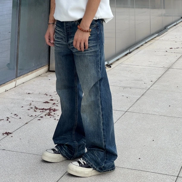 康龙系列-水洗压皱猫须宽松微喇叭男士A字牛仔裤长裤14oz钮扣门襟