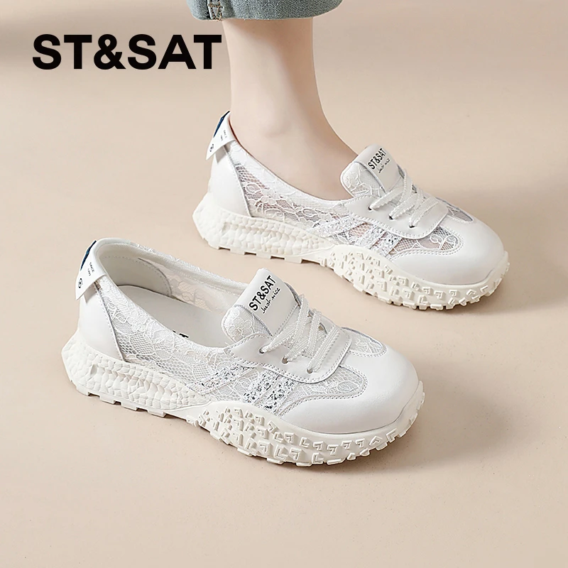 星期六蕾丝透气德训鞋女2025夏季拼接网面鞋时尚潮流小众芭蕾单鞋