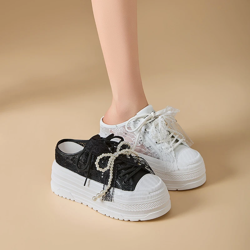 9cm包头半拖鞋厚底珍珠松糕底休闲时尚透气网纱厚底增高小白鞋