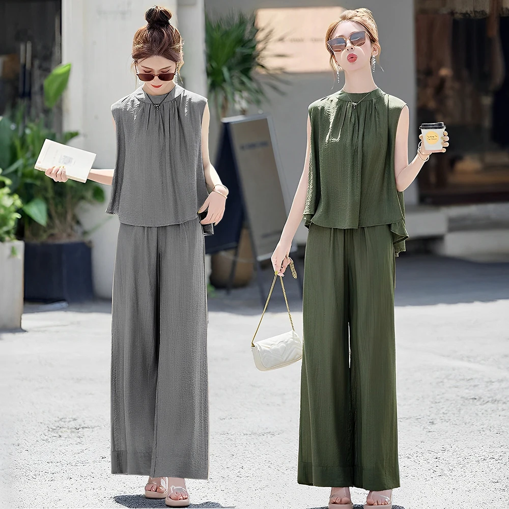 高级感阔腿裤无袖上衣套装女夏季新款时尚气质显瘦休闲两件套C614