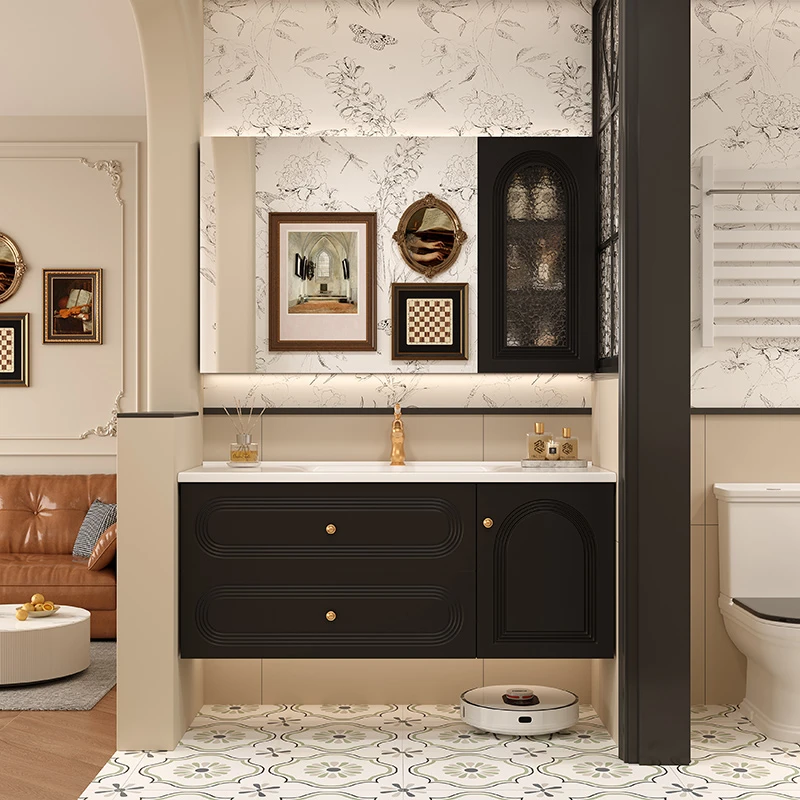 轻奢法式复古风橡木烤漆智能组合浴室柜卫生间陶瓷一体盆洗漱台