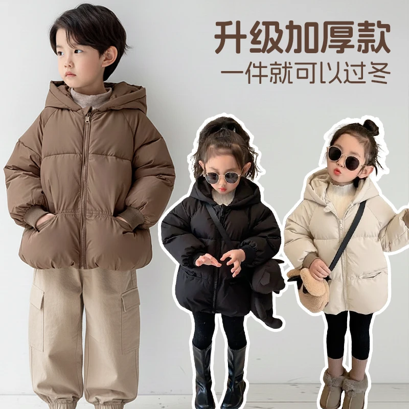 冬季儿童棉服外套中小童加厚外穿纯色棉袄宝宝秋冬连帽卡通防寒服