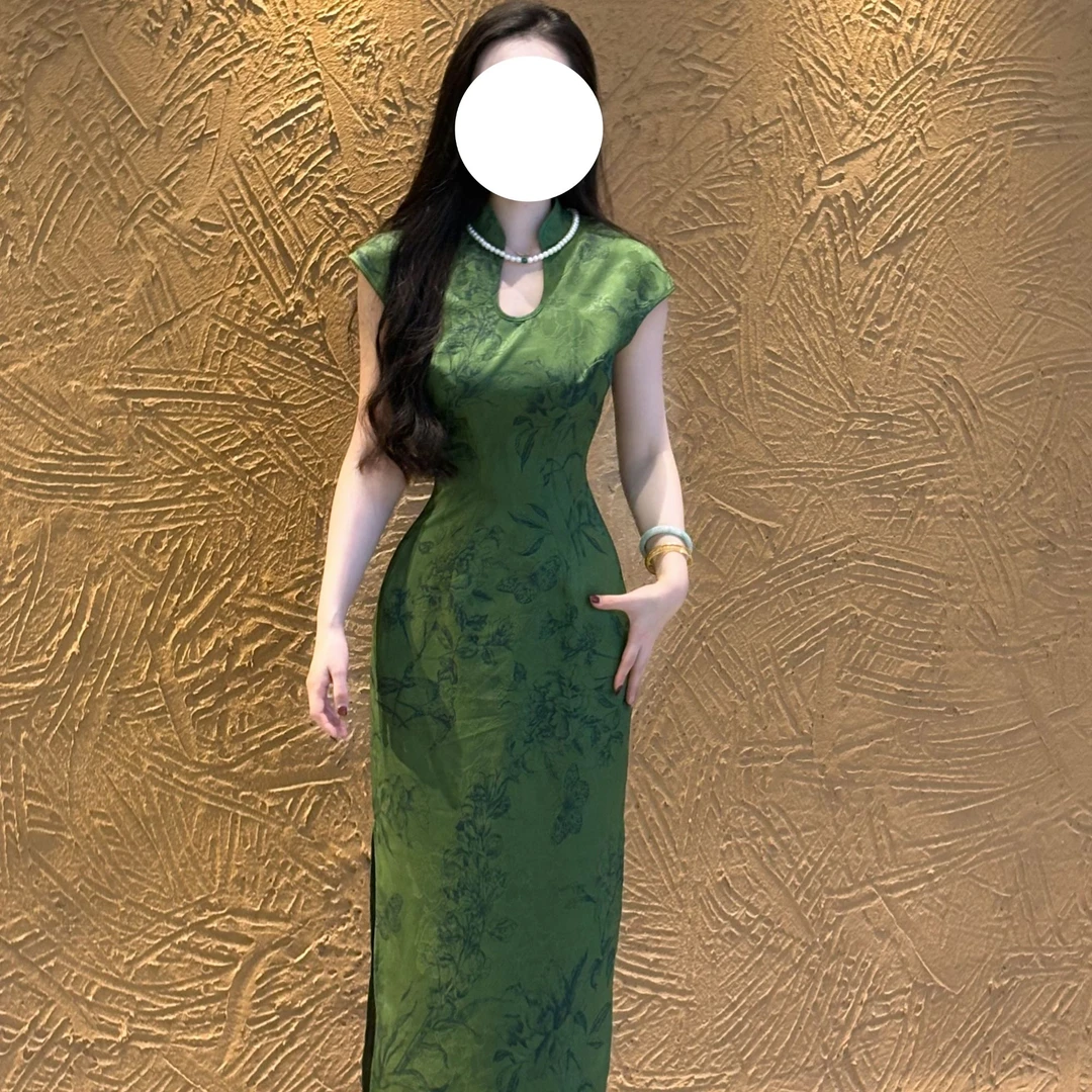 LHMknk1画报夫人原创自制改良贝壳袖新中式绿色旗袍 青梅煮酒绿