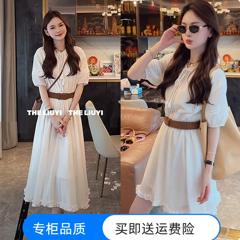 青春甜美新款2025夏季百搭系带波西米亚温柔风法式荷叶边连衣裙女