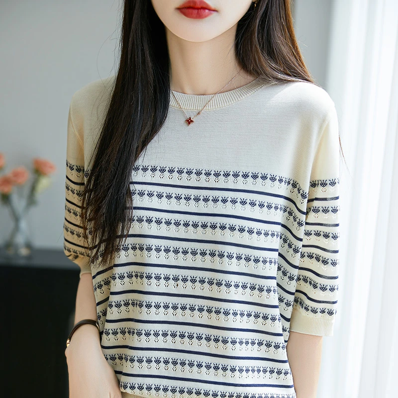 夏季莱赛尔天丝针织短袖条纹针织恤女半袖宽松圆领显瘦打底衫套头