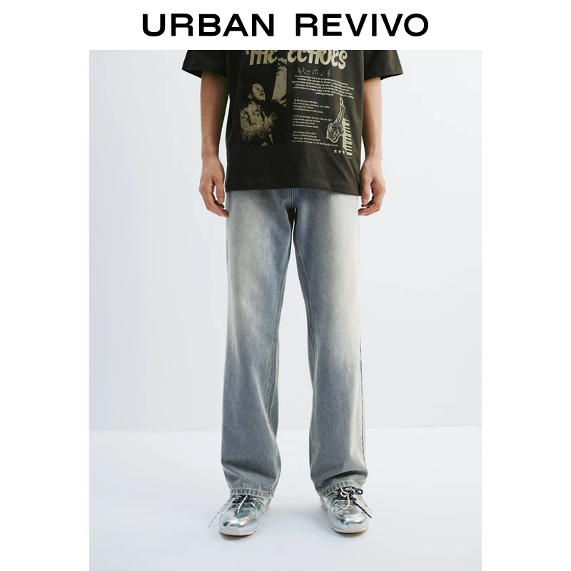 UR2025秋季新款男装休闲复古水洗磨白牛仔长裤UUV850001