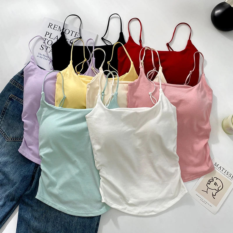 小清新纯欲风设计感褶皱吊带背心女外穿内搭带胸垫修身美背春夏装