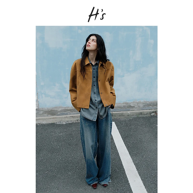 【内购会】HS仿麂皮绒短外套女25年春季新款翻领通勤港味百搭上衣