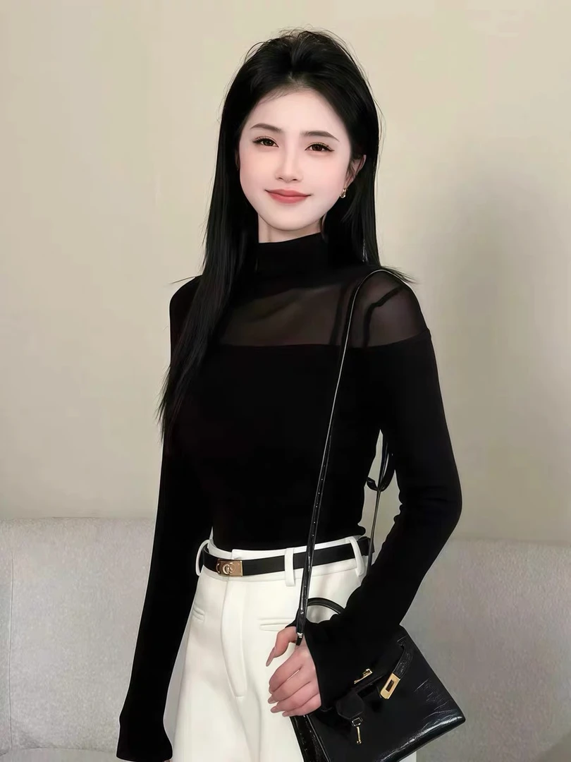 秋冬季设计感网纱拼接半高领长袖T恤女修身显瘦打底衫气质上衣