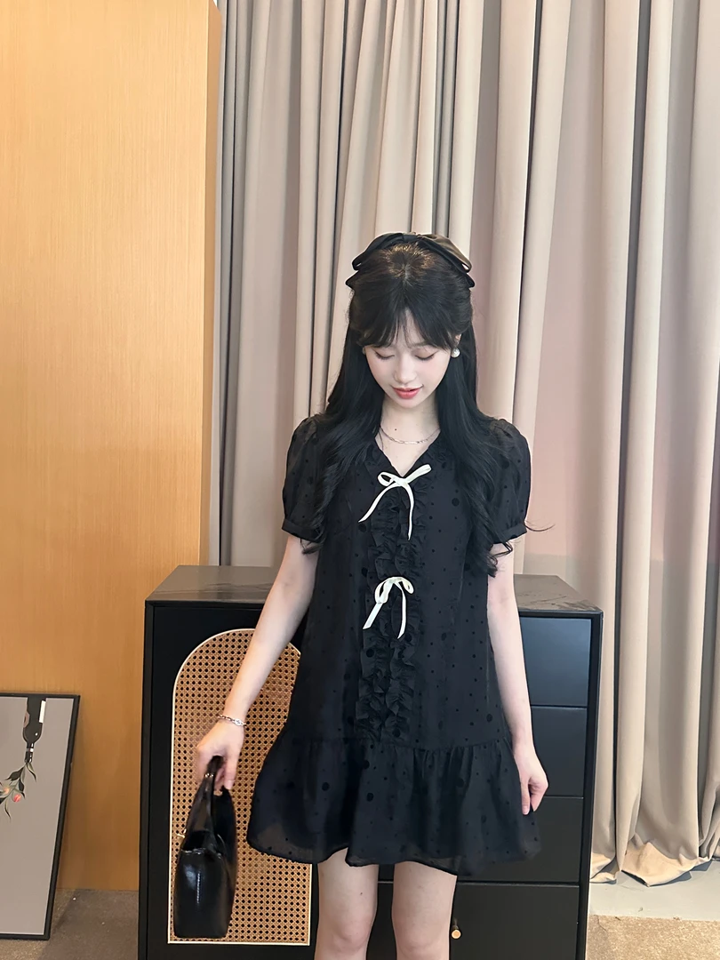 小周【波点】夏款韩系短袖波点百褶裙减龄显瘦千金风宽松显瘦裙