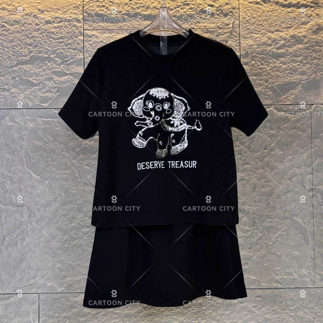 WMA-A36设计师款丨重奢珠花小象宽松版夏季短袖T恤短裤时尚套装