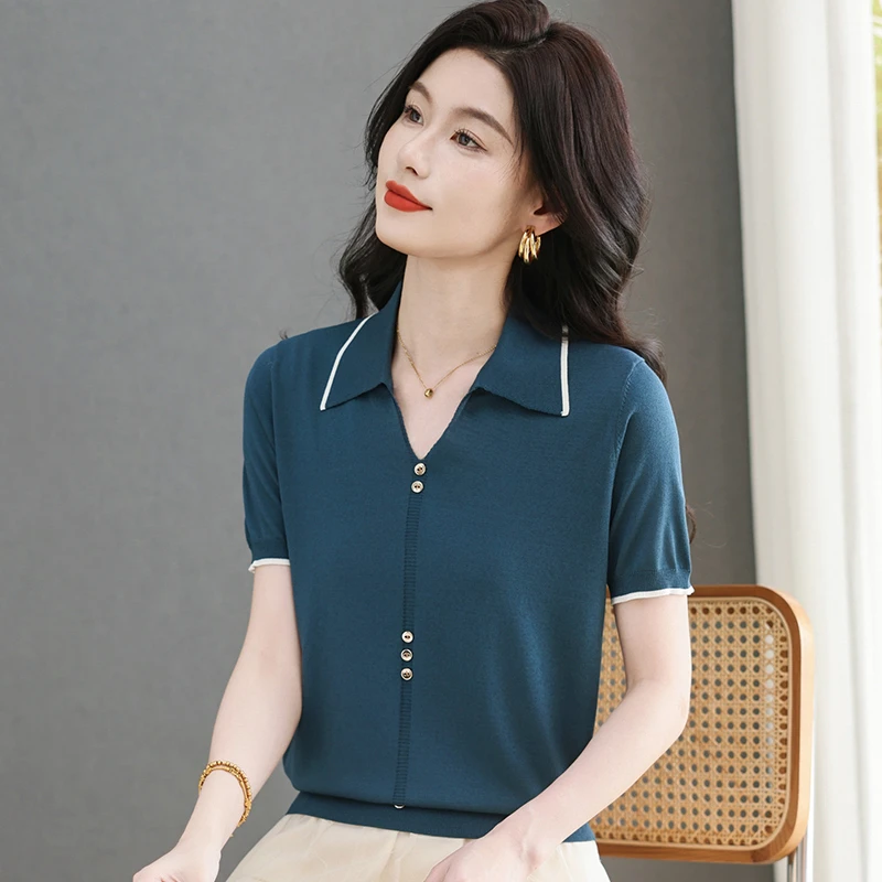 高端妈妈装天丝短袖t恤女夏季2025新款洋气减龄高级感翻领上衣女