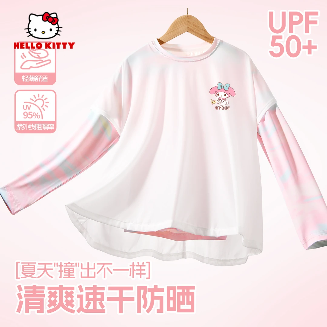 Hello Kitty女童夏季短袖t恤防晒衣儿童假两件拼接半袖体恤中大童