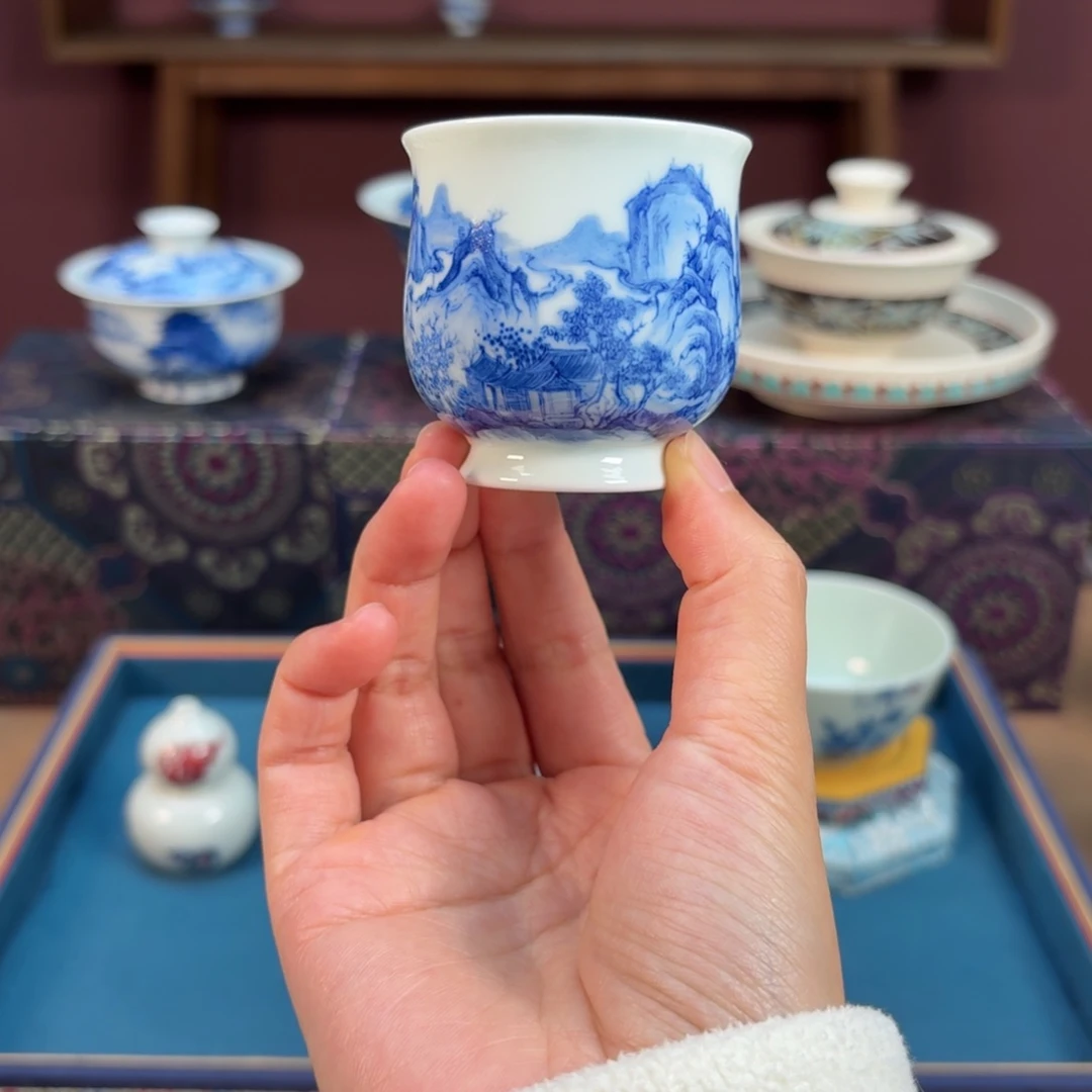 青花山水闻香杯纯手工