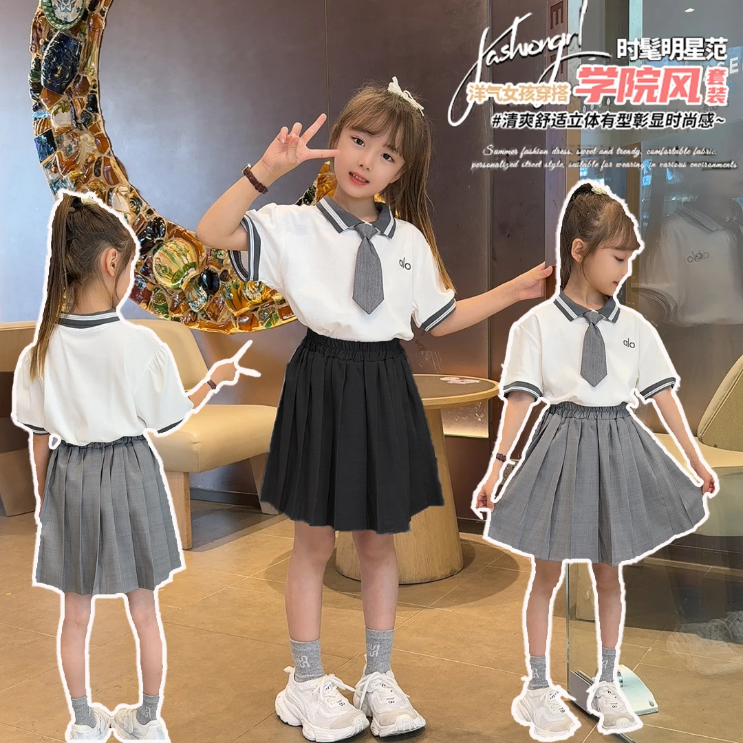 儿童女童洋气韩版短袖套装2025夏季新款JK制服学院风百褶裙两件套