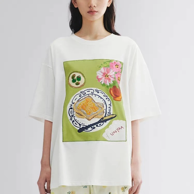 U2025秋季新款「爱与食物」土司橄榄早餐T恤白色宽松