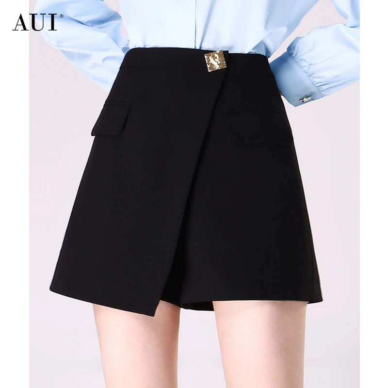 【达人专属】AUI黑色显瘦不规则裙裤修身A字休闲短裤-25W078629