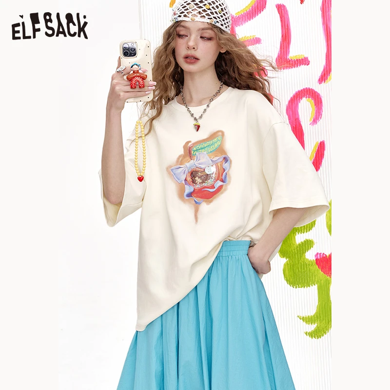 妖精的口袋米白色印花短袖t恤女2025年夏季新款宽松休闲正肩上衣