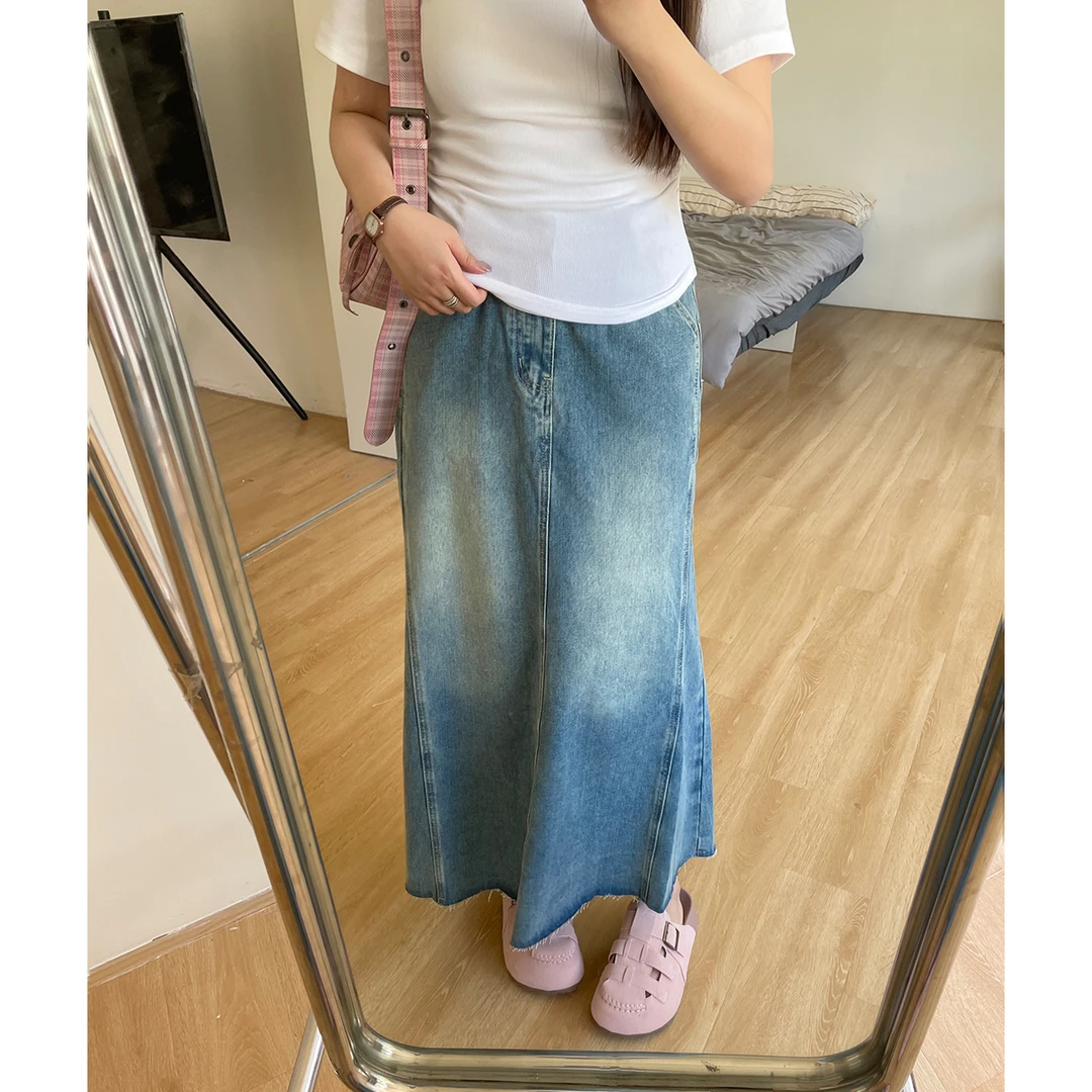 春款女装高腰a字显瘦半身裙梨型身材胖mm大码遮胯韩系牛仔中长裙