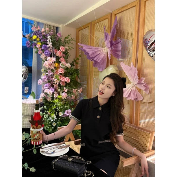 GIRDEAR/哥弟「星河小香」新款Polo领小香葱纱针织短袖连衣裙150007