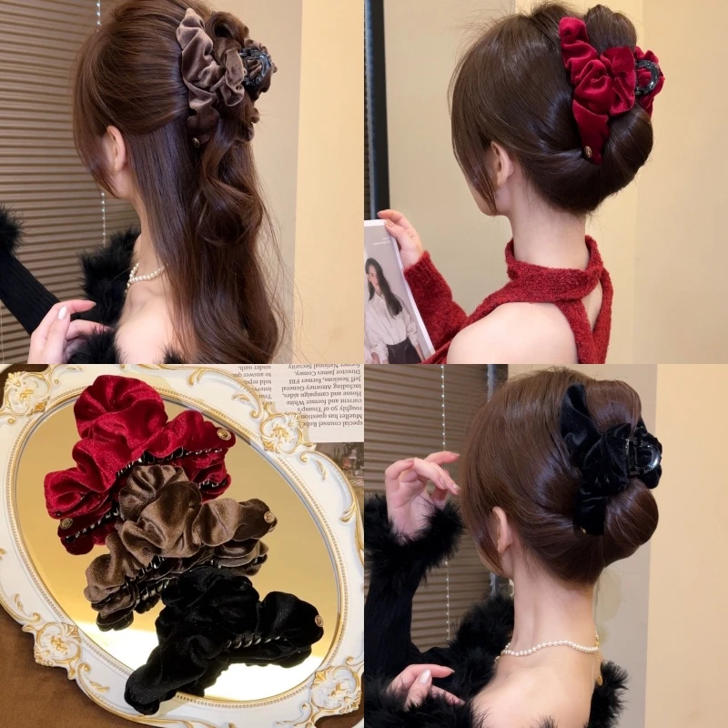秋冬云朵丝绒褶皱抓夹网红后脑勺盘发鲨鱼夹优雅复古发卡发饰