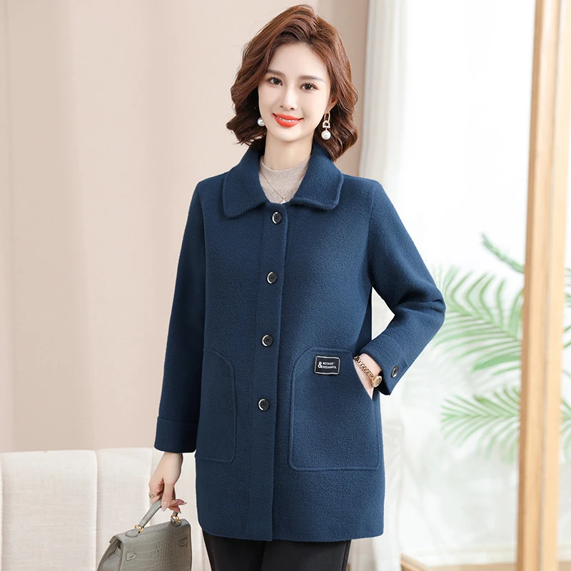 妈妈装宽松休闲大衣女2024秋冬中长款大码风衣纯色洋气开衫外套