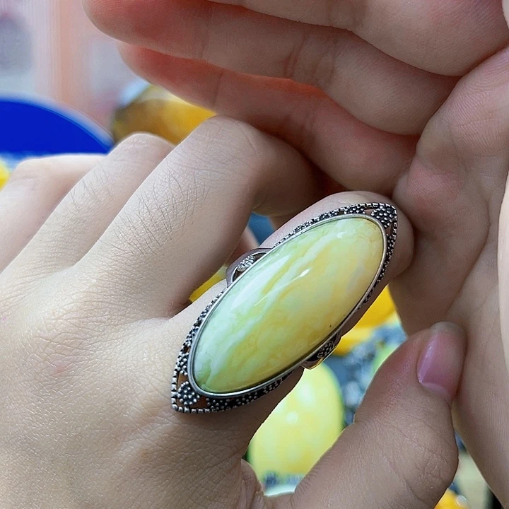 琥珀银S925镶嵌颈饰戒指