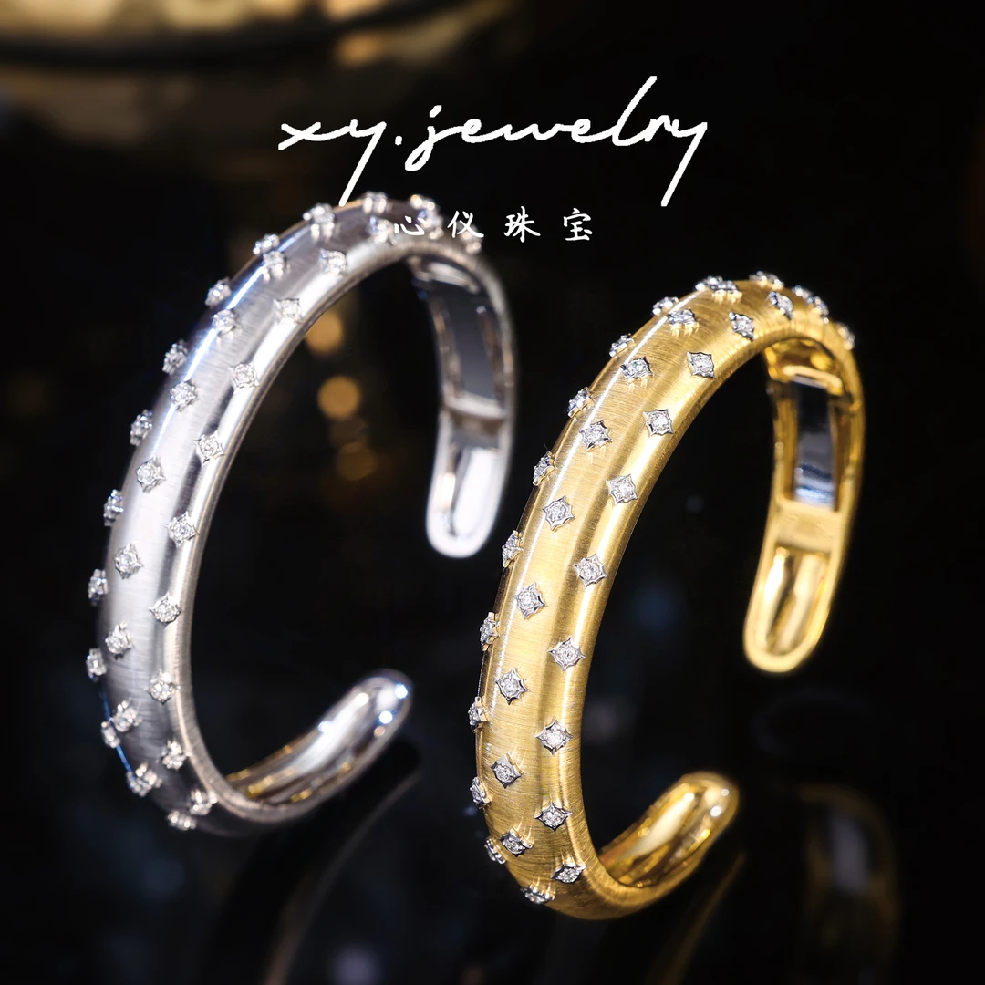 【心仪珠宝】18k金意大利钻石拉丝手镯/窄版/卡10MM/开口镯/贵气