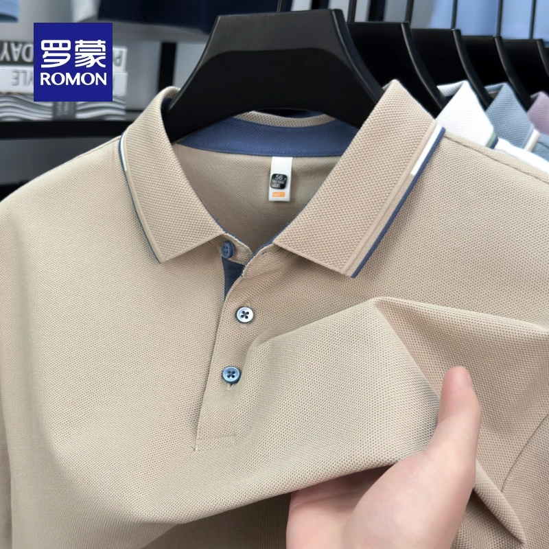 罗蒙纯棉短袖t恤男士2025夏季新款中年翻领POLO衫男宽松透气体恤