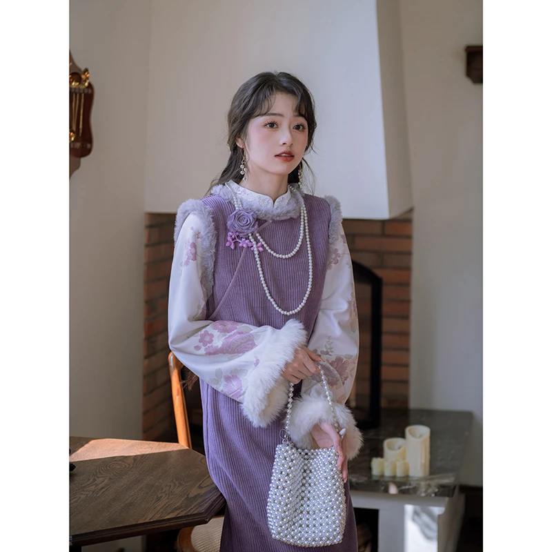 南风谷【花弄影】新中式灯芯绒马甲北级绒加厚旗袍连衣裙秋冬款女